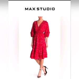 SmallMax Studio Red Floral Bubble Crepe Knee Length Cottagecore Style Dress